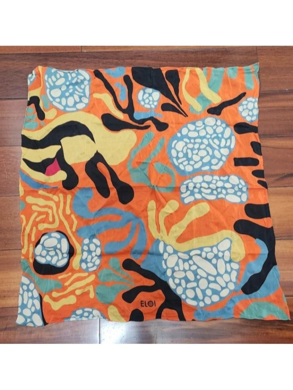 ELOI Abstract Art Scarf Orange Blue Green Cotton Silk Blend Statement Print